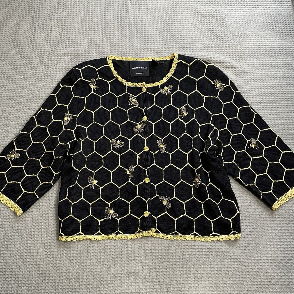 Michael Simon Bee Honeycomb Cardigan Sweater XL Womens Beaded Black Gold